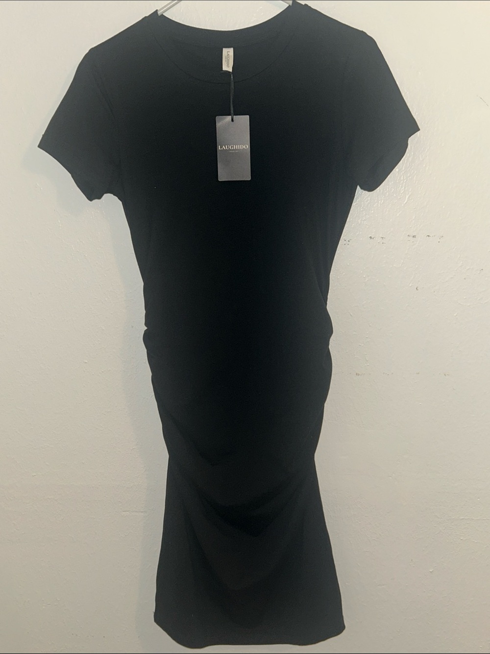 ”REASONABLE OFFERS” “LAUGHIDO” Black Short-Sleeve Bodycon Tunic Midi Dress 🥰